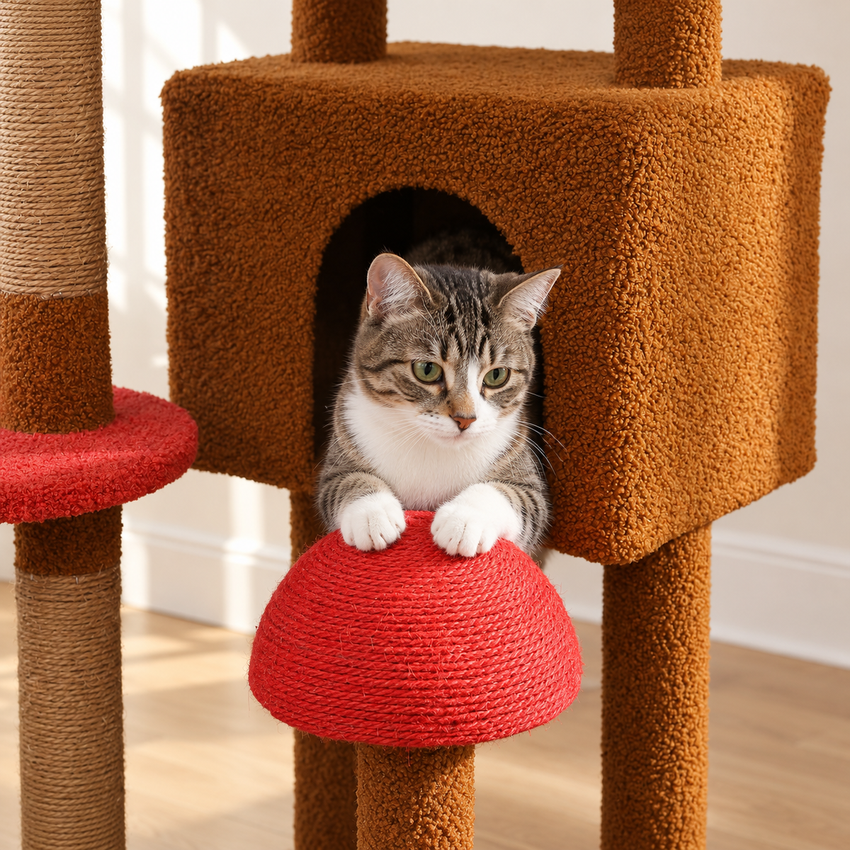 Chat installé dans la niche de l'arbre à Chat Champignon XXL