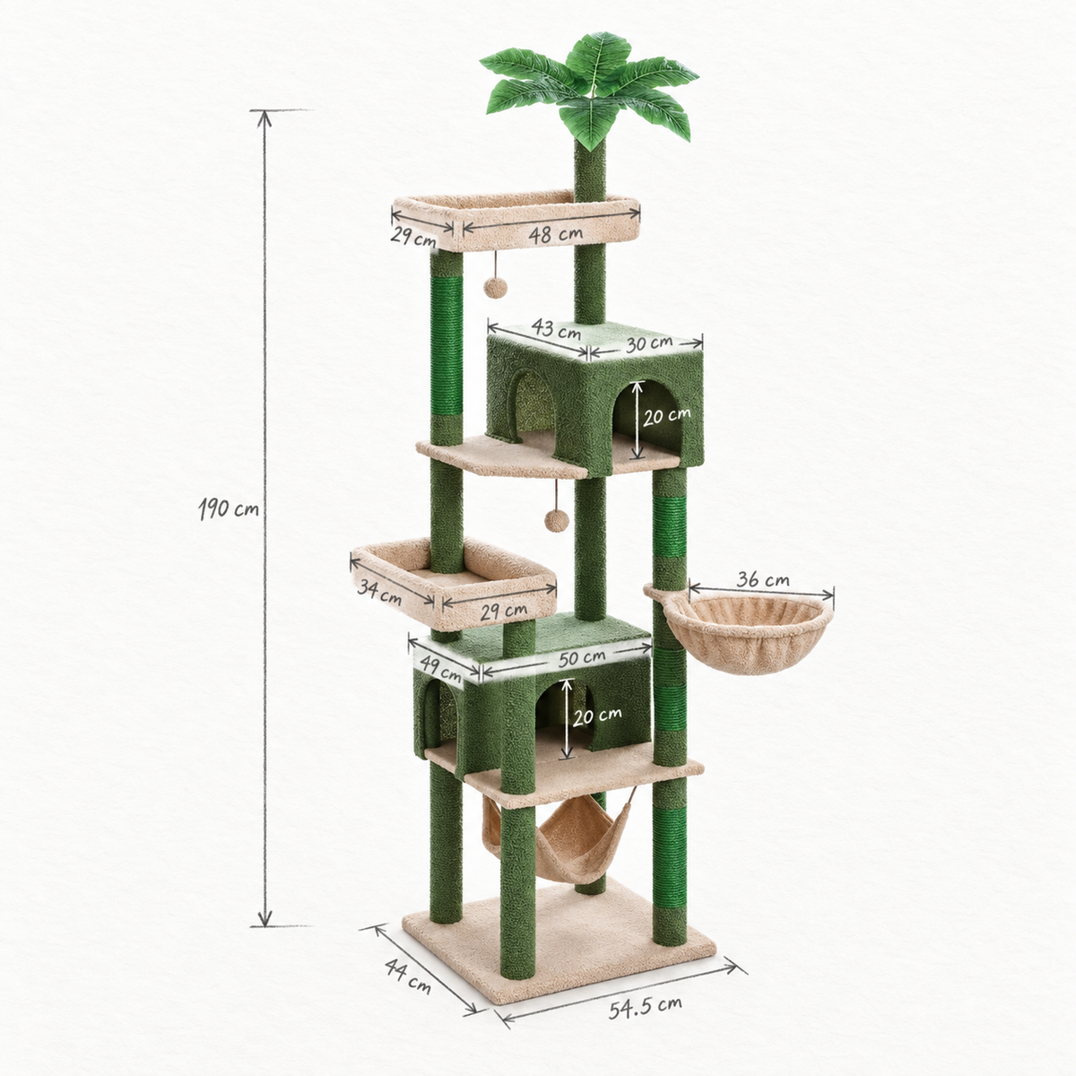 Schéma coté de l'arbre à Chat 190 cm avec toutes les dimensions