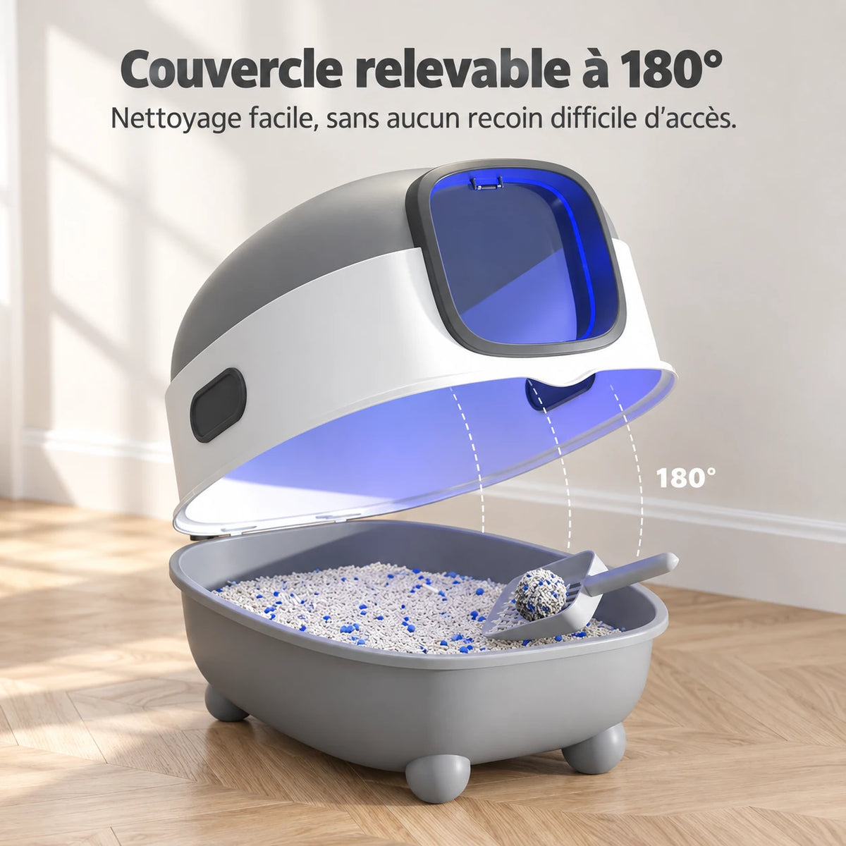Couvercle relevable à 180° de la maison de toilette chat