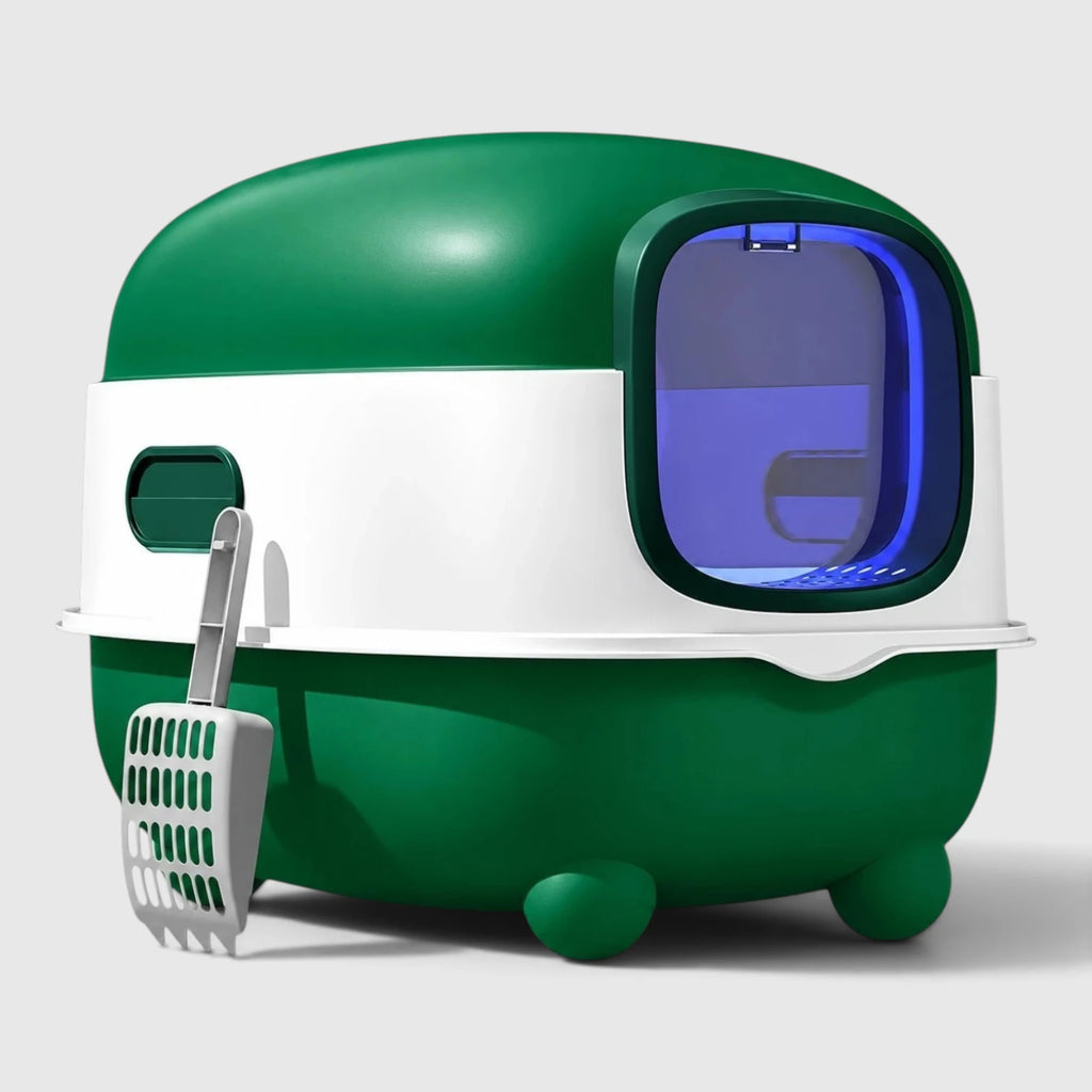 Maison de toilette chat verte et blanche avec pelle