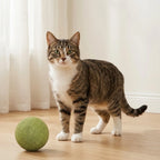 Chat regardant la boule herbe à chat posée sur le parquet