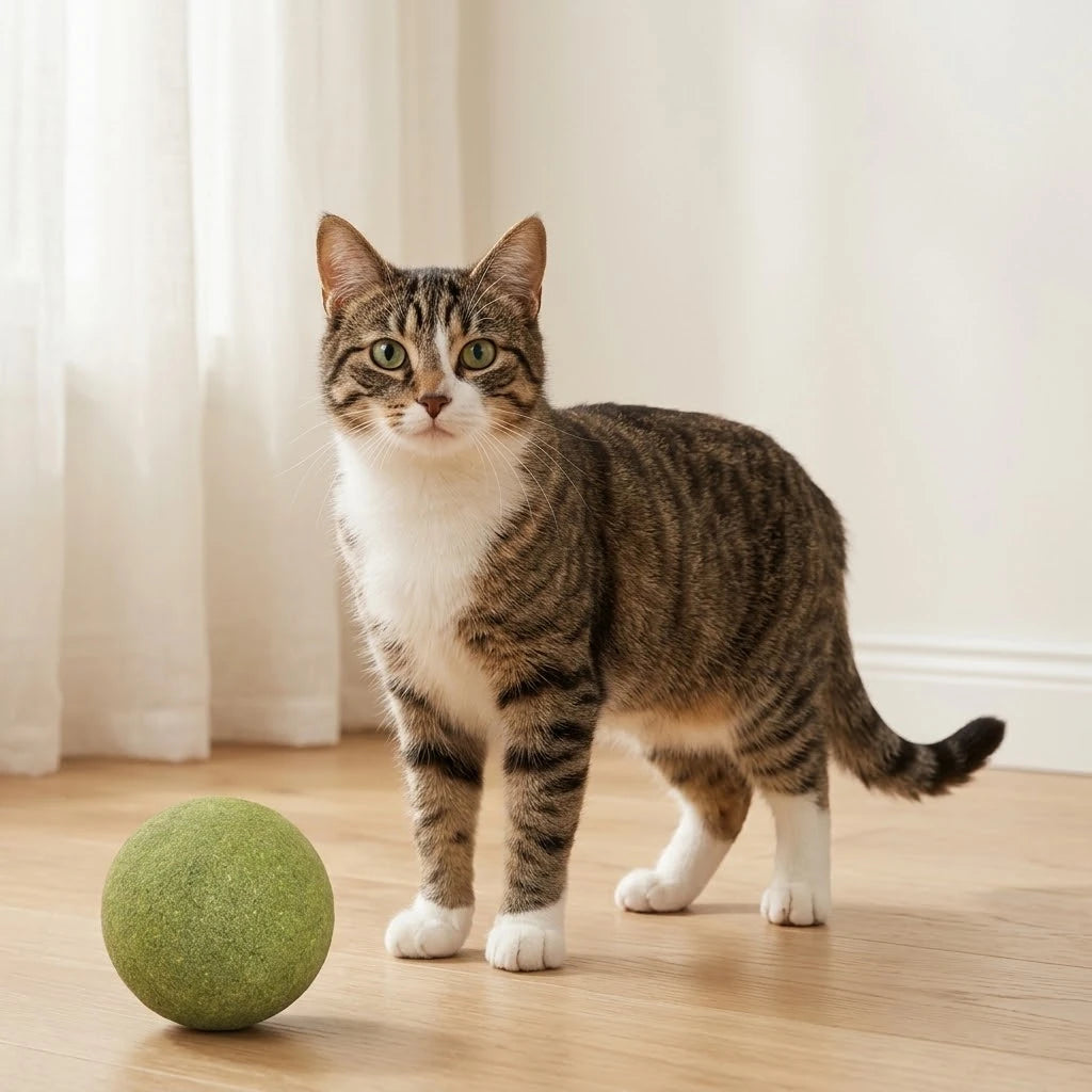 Chat regardant la boule herbe à chat posée sur le parquet