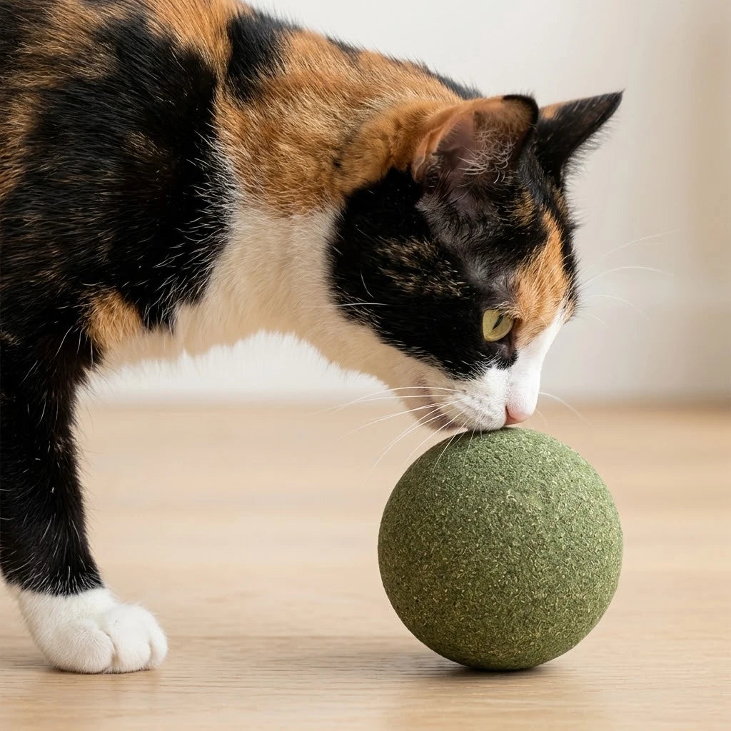 Chat flairant la boule herbe à chat