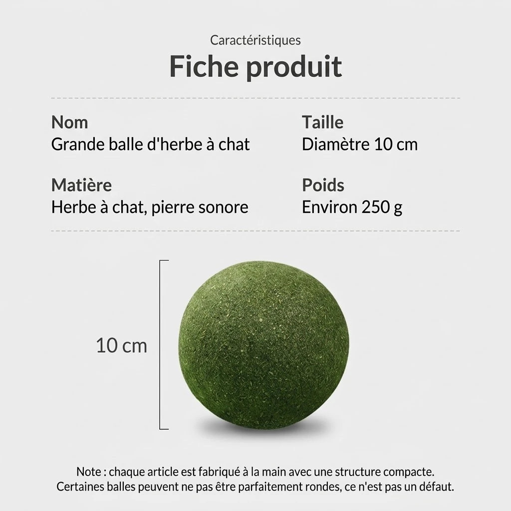 Fiche produit de la boule herbe à chat : 10 cm et 250 g