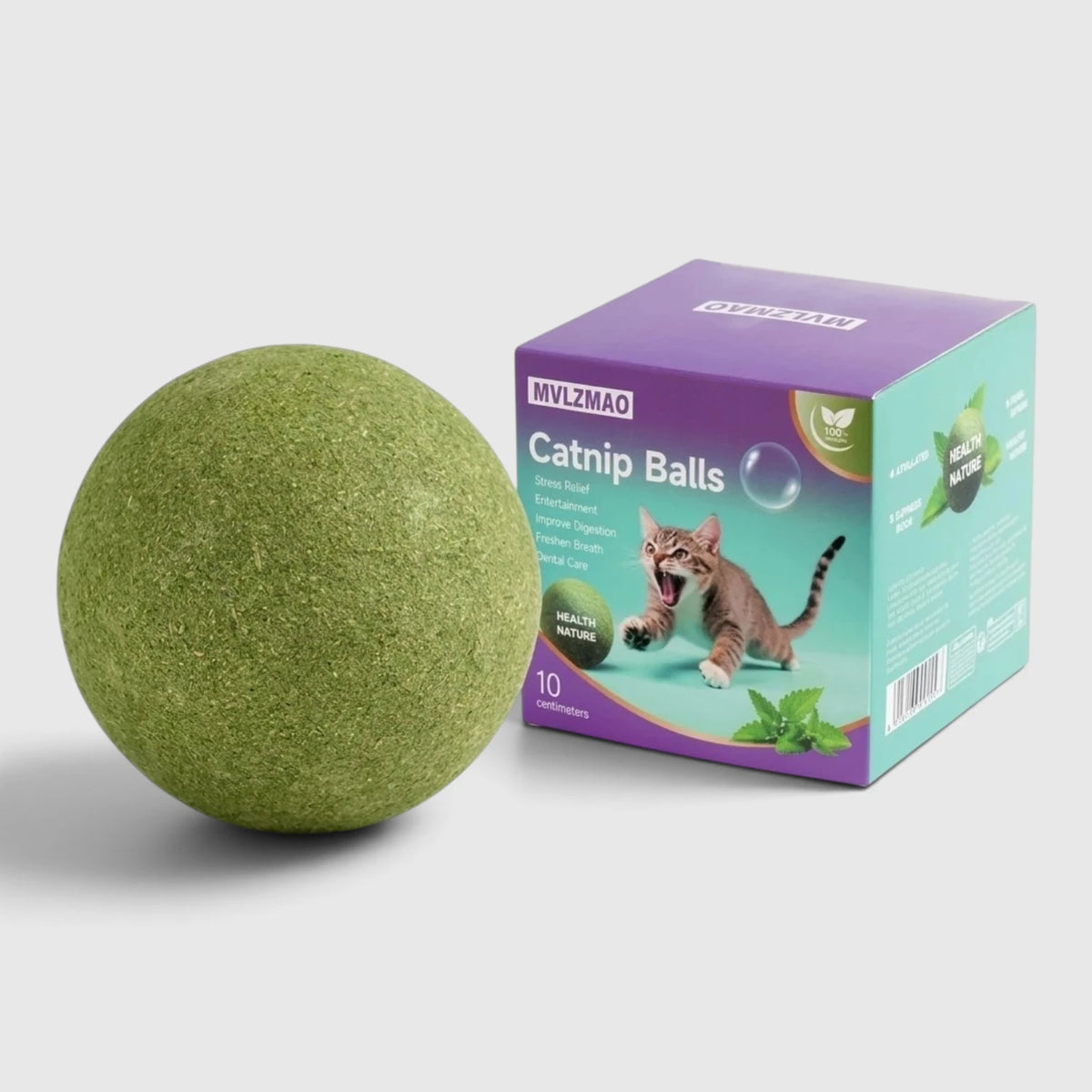 Boule herbe à chat de 10 cm à côté de son emballage