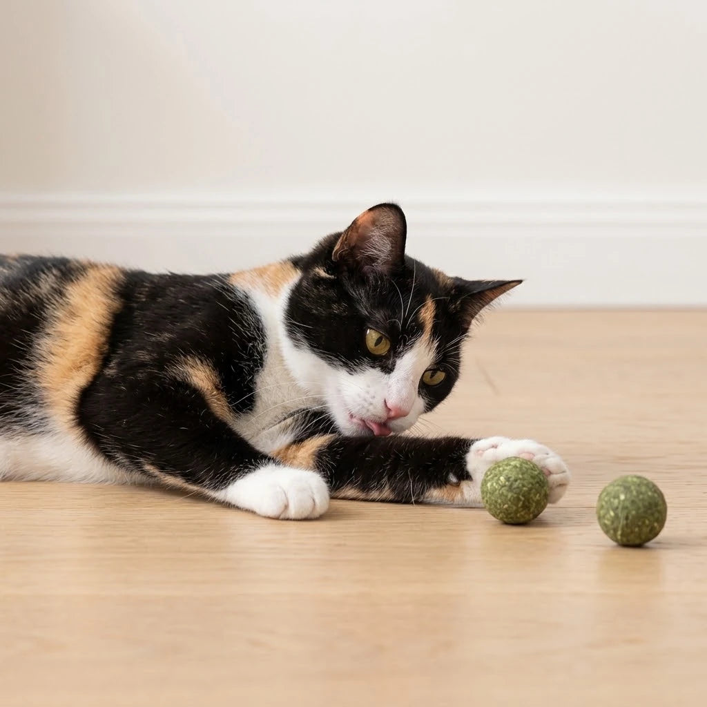 Chat jouant avec une balle d'herbe à chat sur le parquet