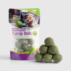 Sachet de balles jouet herbe à chat et balles posées devant
