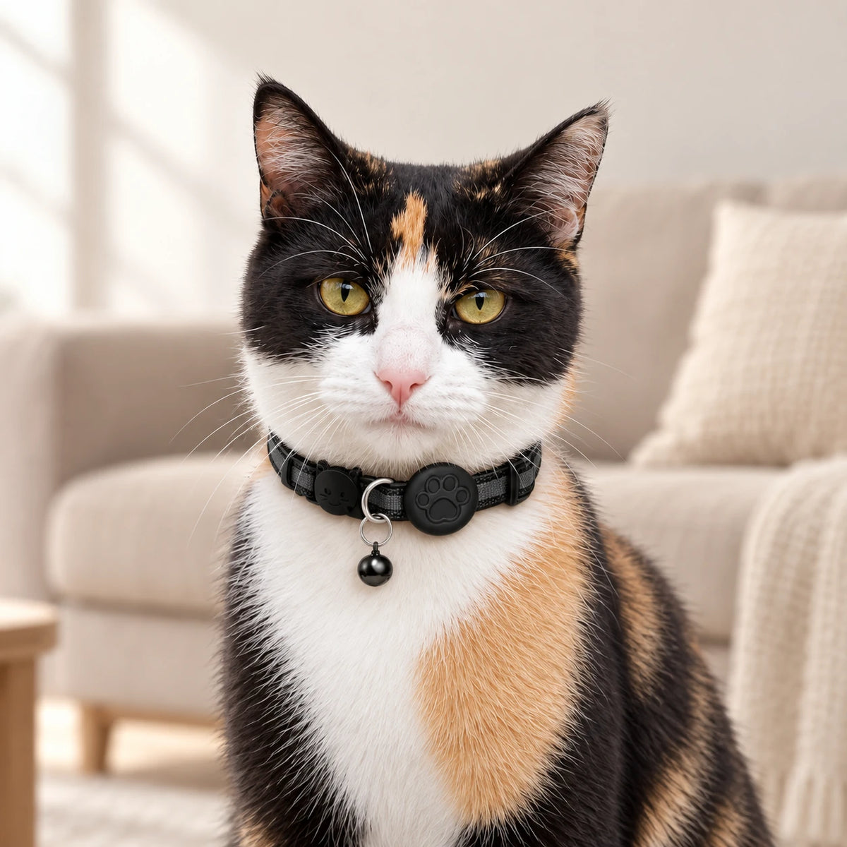 Chat noir et blanc portant le collier localisation noir