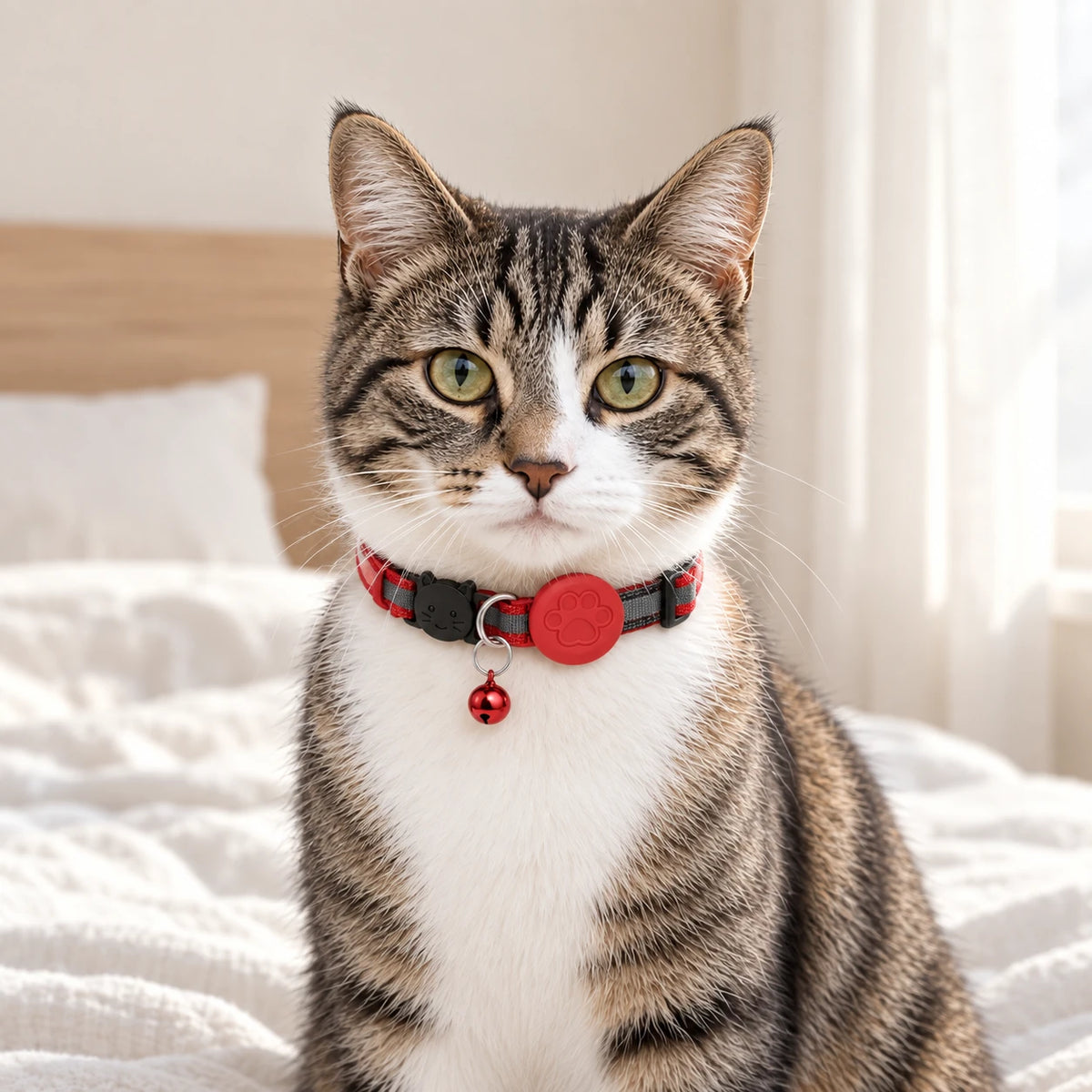 Chat portant le collier localisation rouge sur un lit