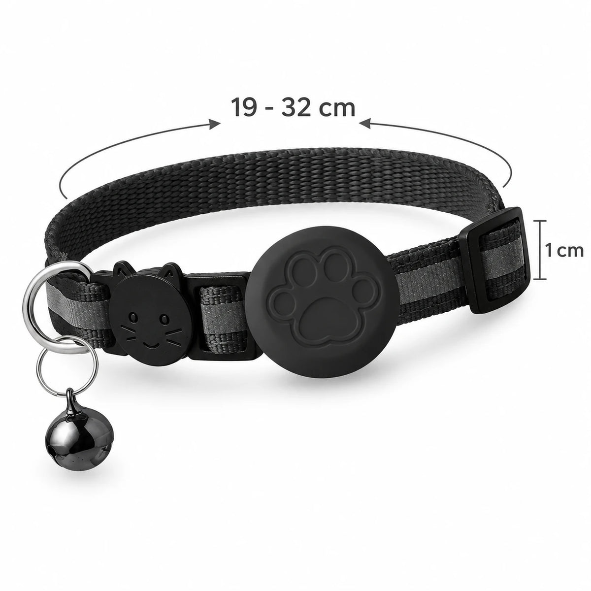 Dimensions du collier localisation chat : tour de cou de 19 à 32 cm, largeur de 1 cm