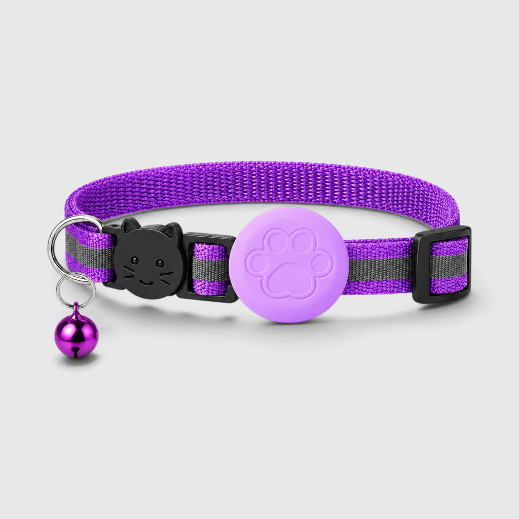 Collier localisation chat violet avec clochette et tag en silicone
