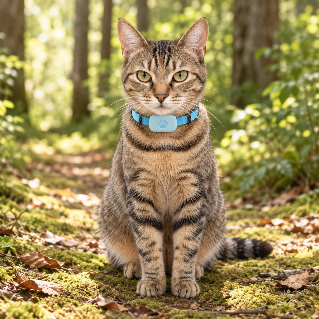 Chat portant le collier traceur bleu en forêt