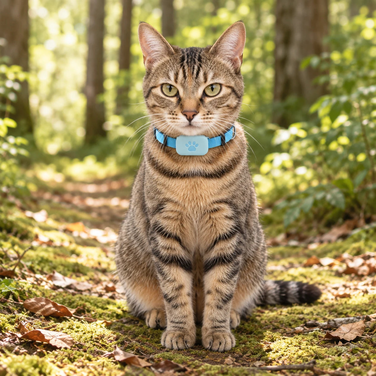 Chat portant le collier traceur bleu en forêt
