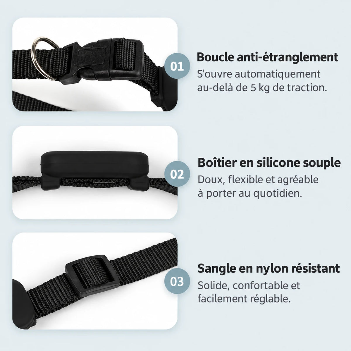 Boucle anti-étranglement, boîtier en silicone et sangle en nylon du collier traceur chat
