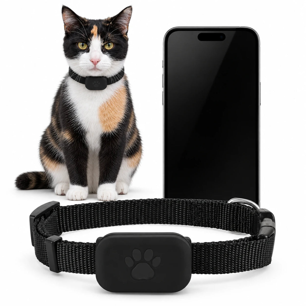 Chat à côté d'un smartphone et du collier traceur noir