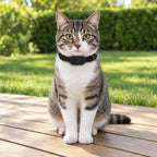 Chat portant le collier traceur noir dans un jardin