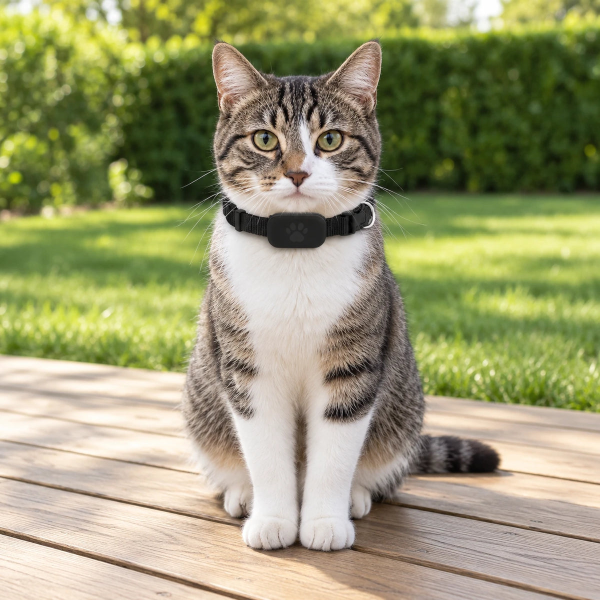 Chat portant le collier traceur noir dans un jardin