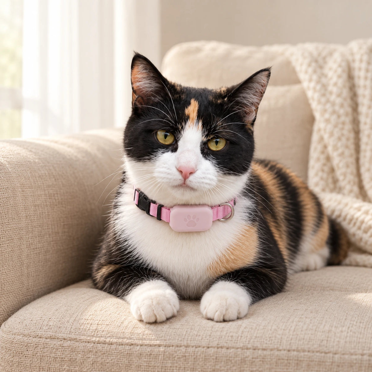 Chat blanc et noir portant le collier traceur rose sur un canapé