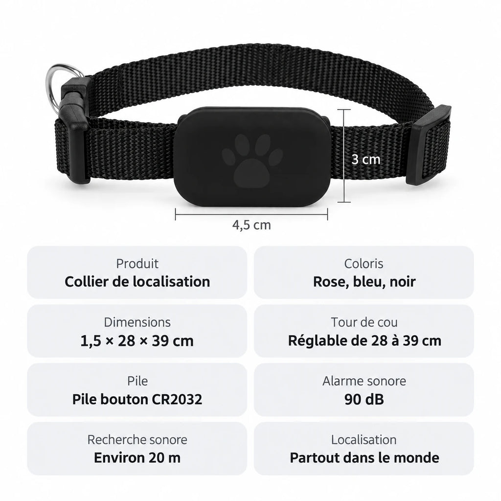 Caractéristiques du collier traceur chat : boîtier 4,5 x 3 cm, tour de cou 28 à 39 cm, alarme 90 dB