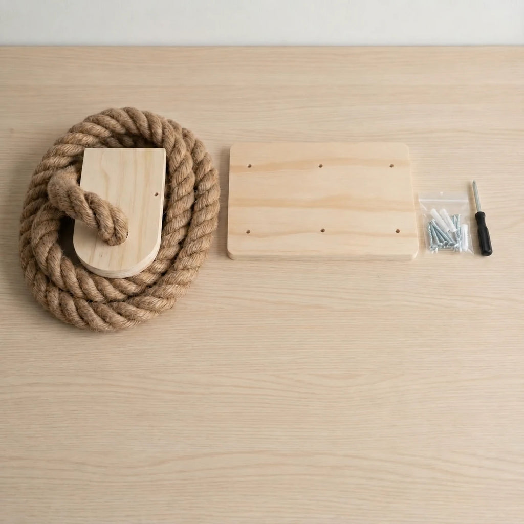 Contenu du griffoir mural chat : corde, platine en bois, vis et tournevis