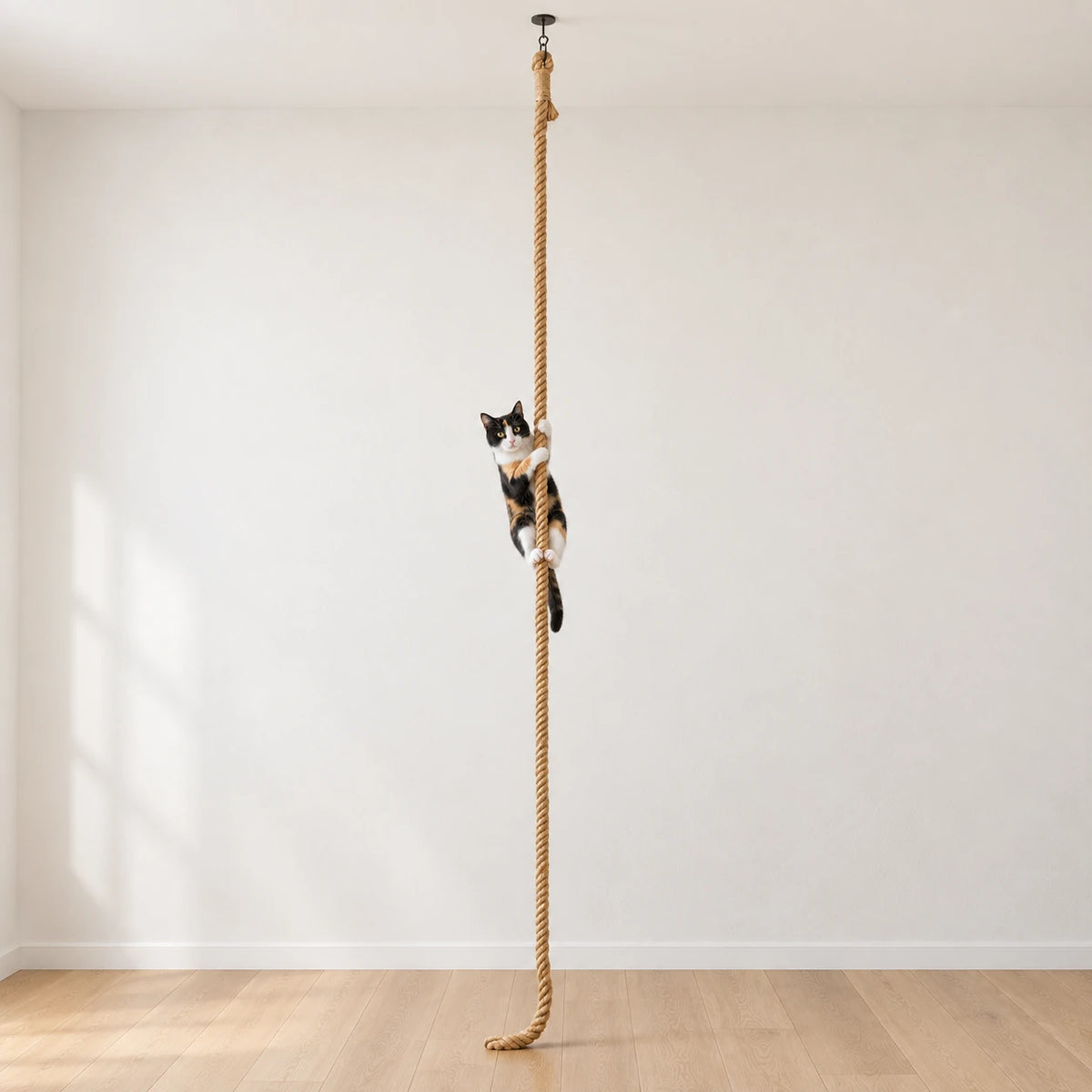 Chat grimpant sur la corde pour chat suspendue au plafond