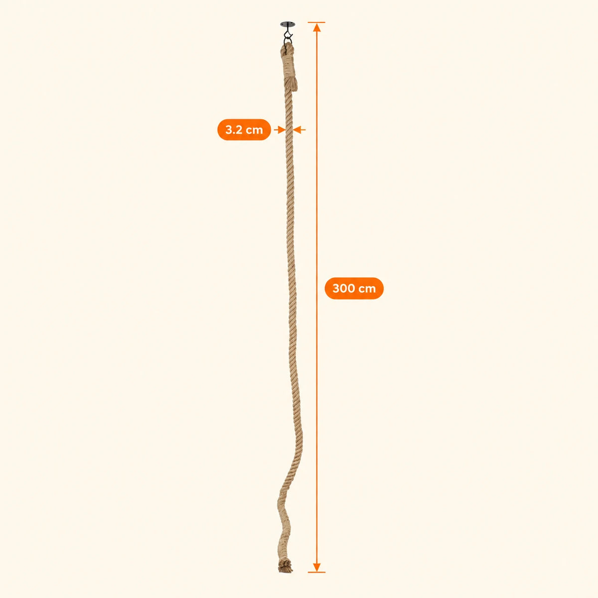 Schéma coté de la corde pour chat : 300 cm de long, 3,2 cm de diamètre