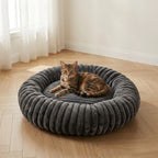 Chat couché dans le panier rond gris foncé
