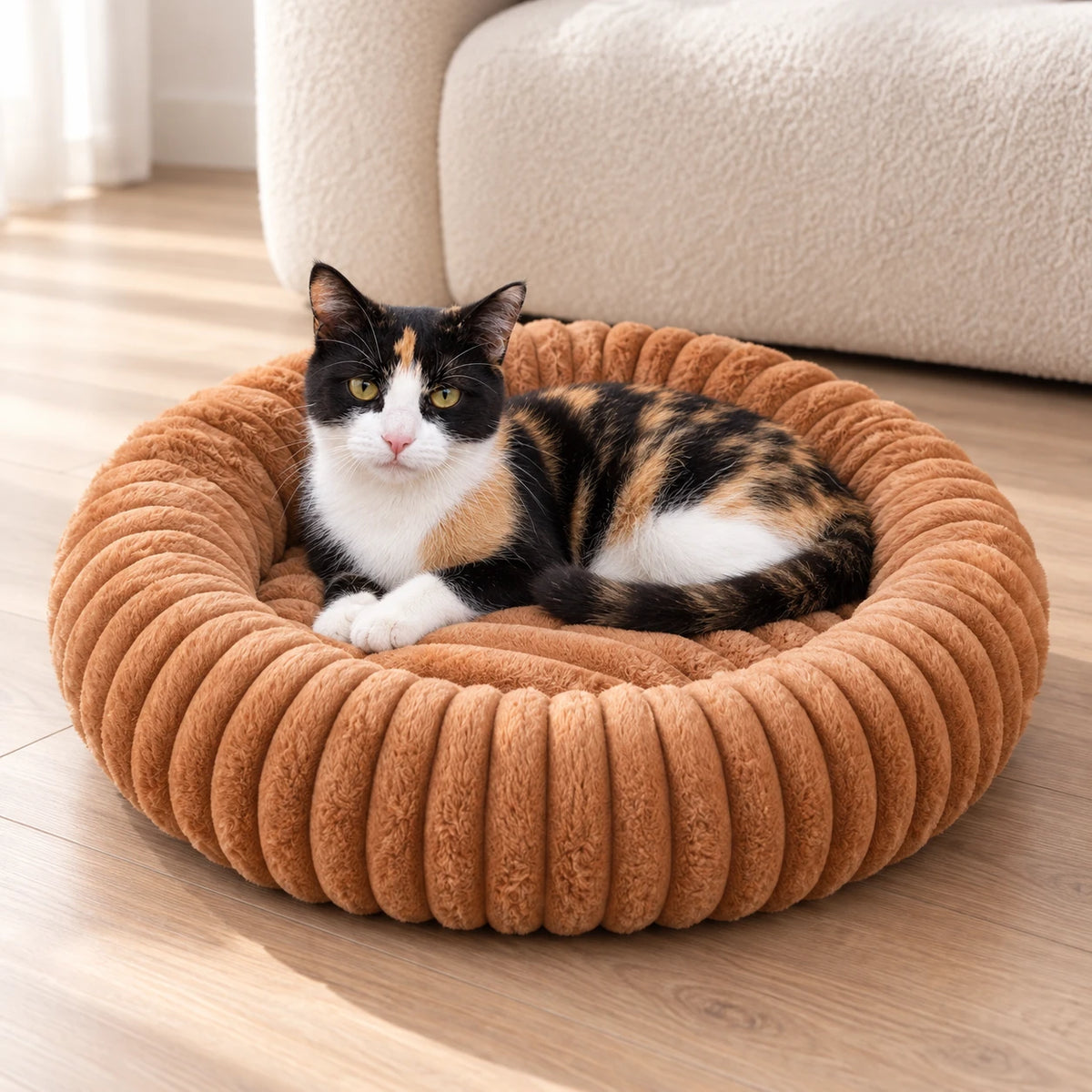Chat tricolore lové dans le panier rond marron devant un canapé
