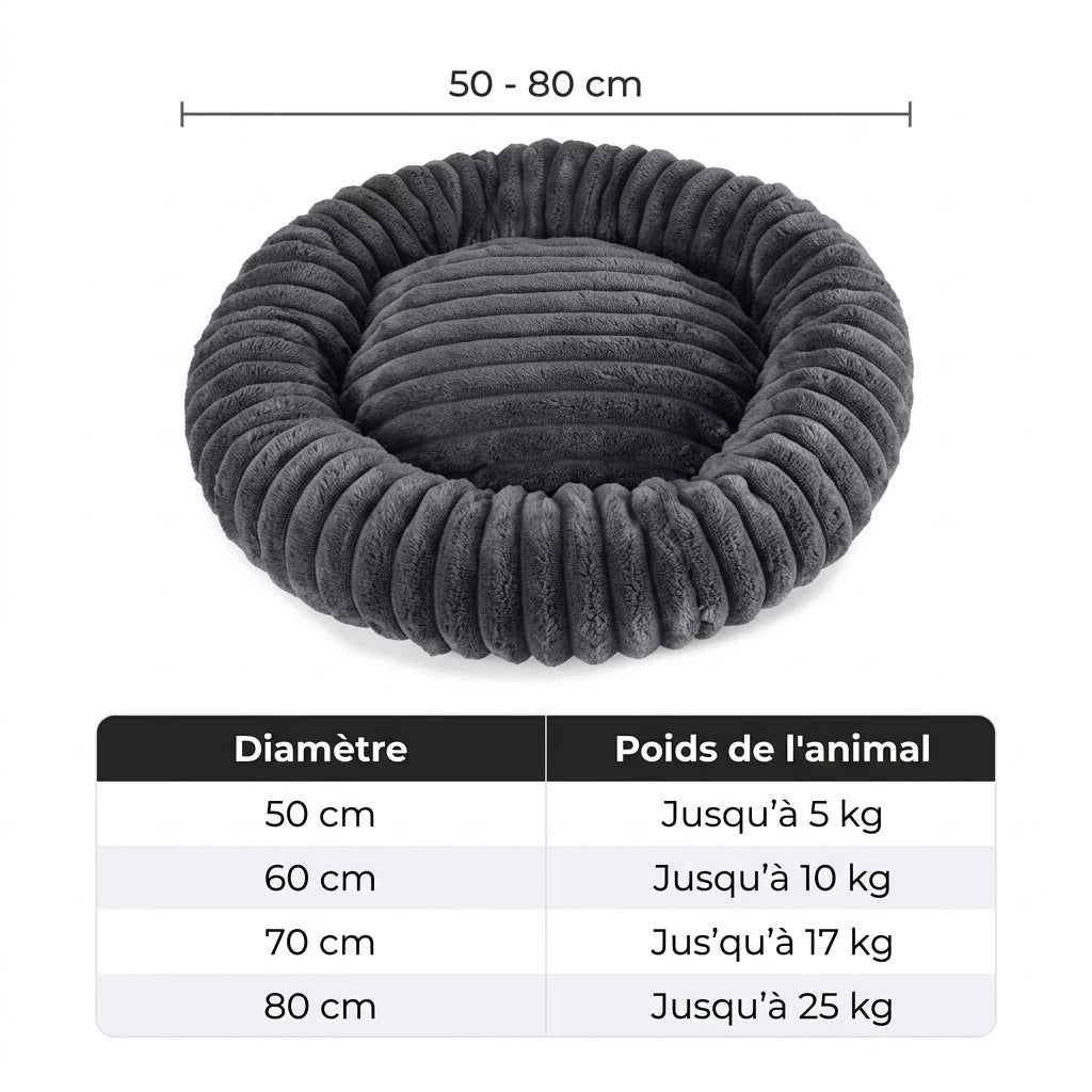 Tableau des tailles du panier rond chat : 50 à 80 cm selon le poids