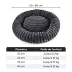 Tableau des tailles du panier rond chat : 50 à 80 cm selon le poids