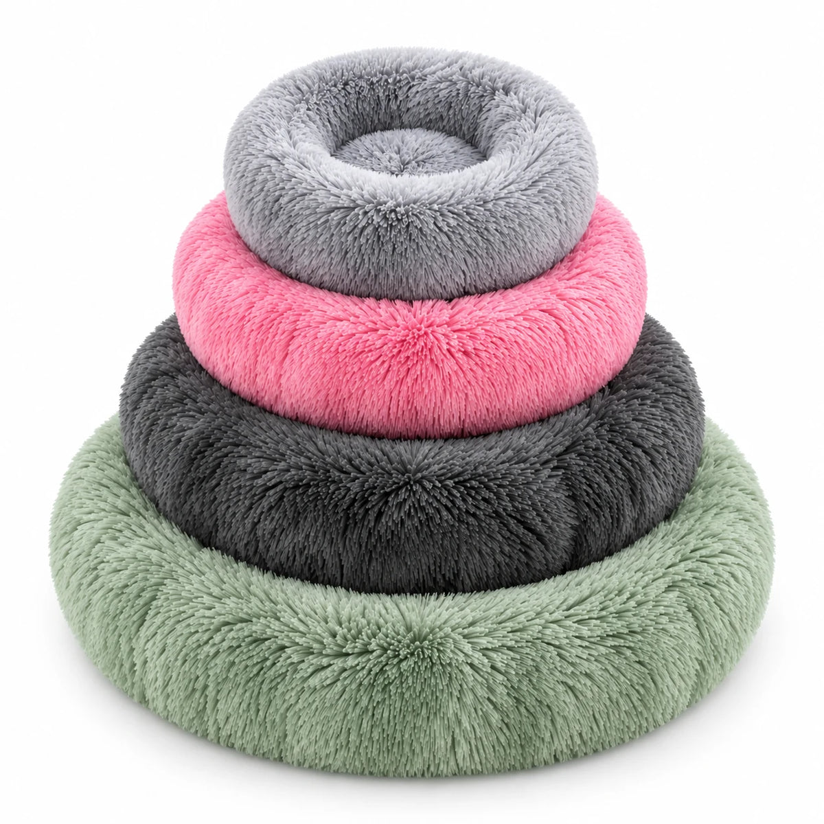 Les quatre tailles du coussin anti stress chat empilées, du gris au vert