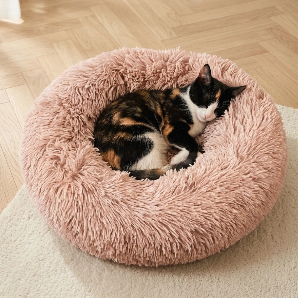 Chat endormi en boule dans le coussin anti stress rose