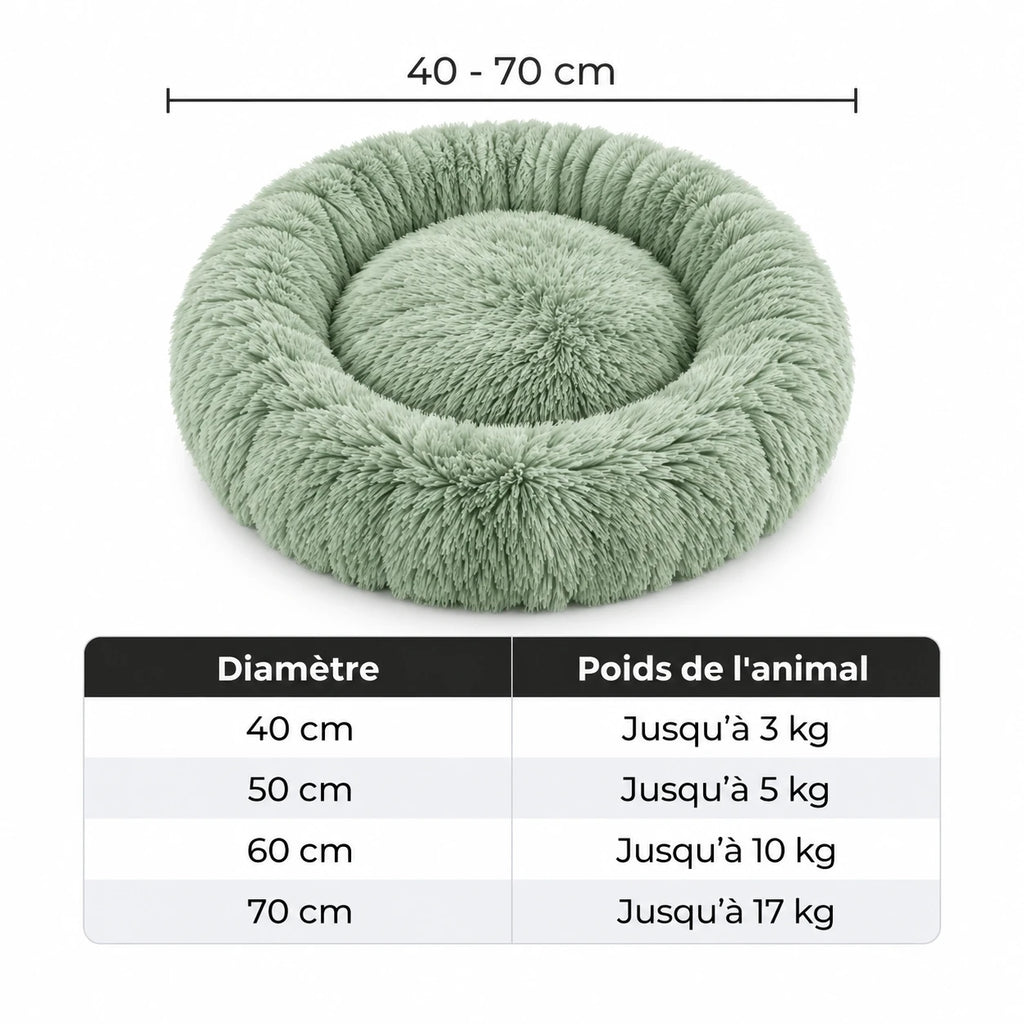 Tableau des tailles du coussin anti stress chat : 40 à 70 cm selon le poids