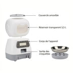 Éléments du distributeur programmable : couvercle, réservoir 3,5 L, corps, gamelle