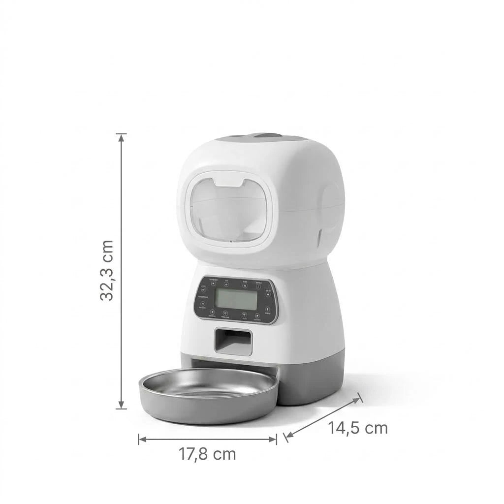 Schéma coté du distributeur de croquettes programmable : 32,3 cm de haut, 17,8 cm de large