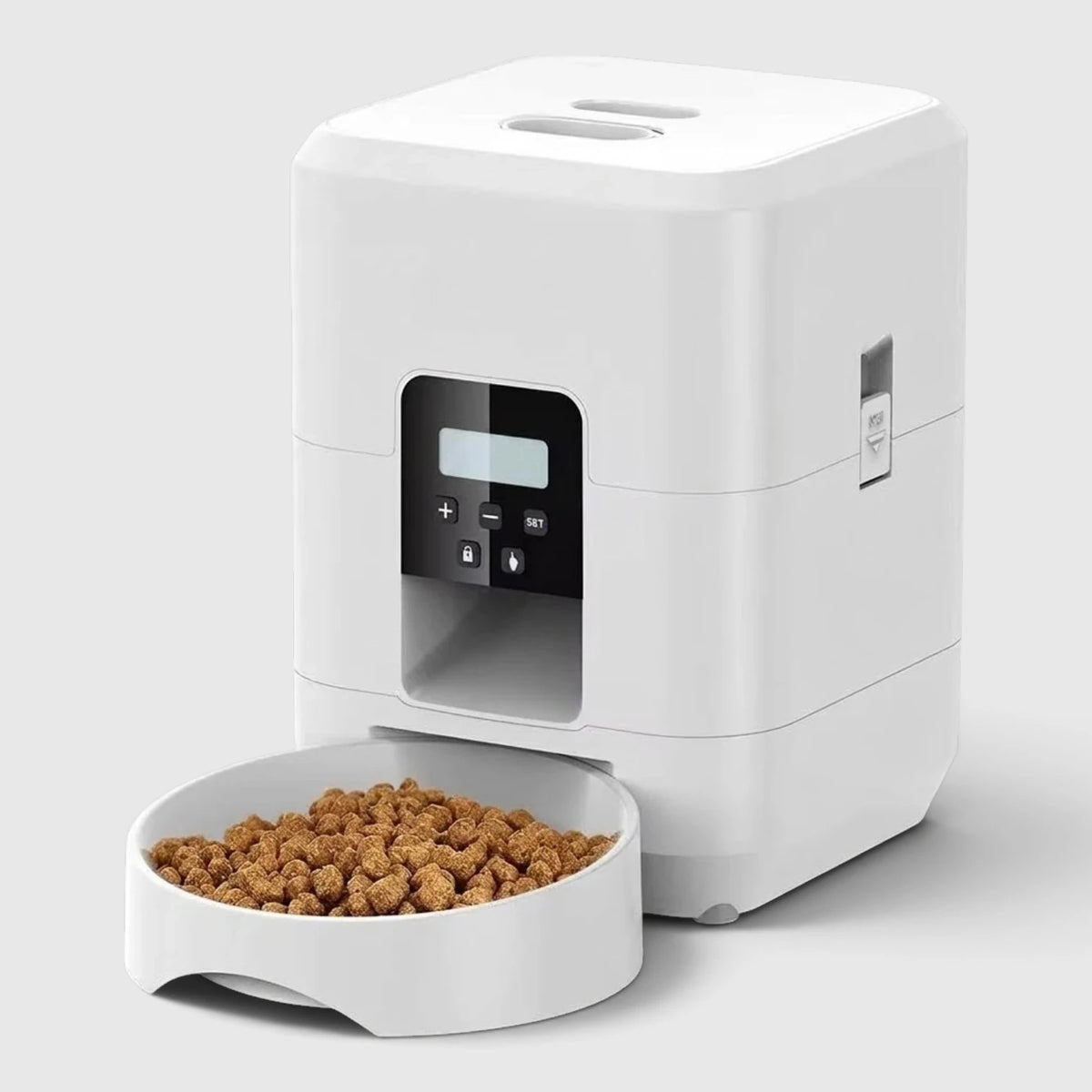 Distributeur automatique de croquettes chat blanc, anti-blocage, avec cache de sécurité