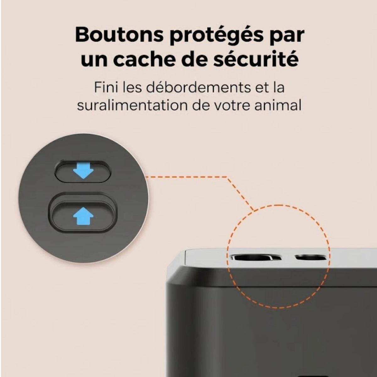 Boutons protégés par un cache de sécurité sur le distributeur de croquettes