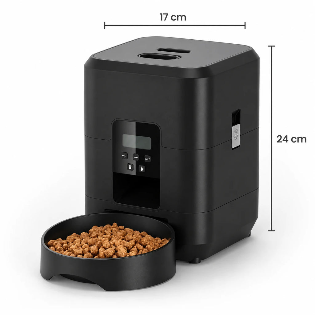 Schéma coté du distributeur automatique de croquettes : 17 cm de large, 24 cm de haut