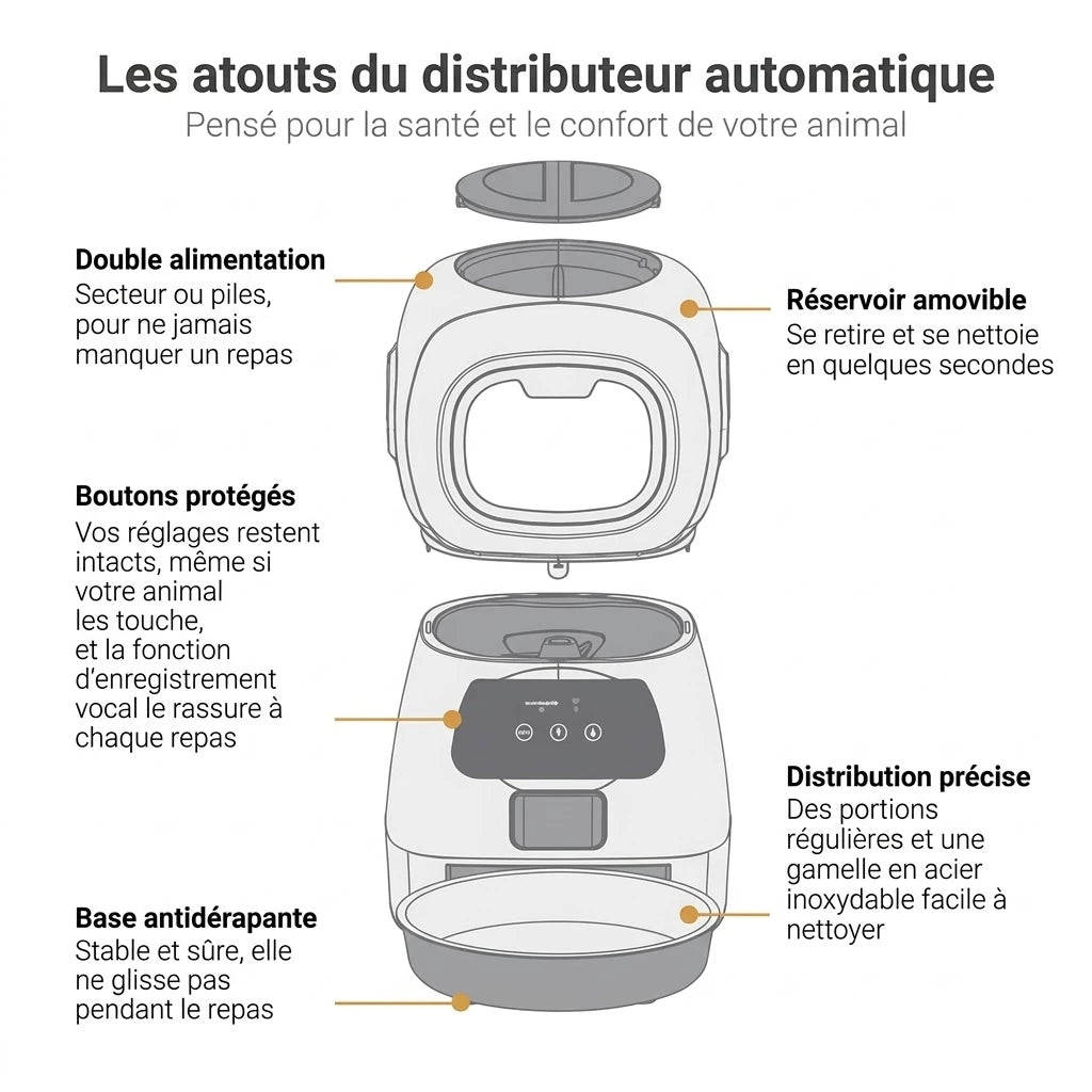 Atouts du distributeur de croquettes programmable : double alimentation et base antidérapante
