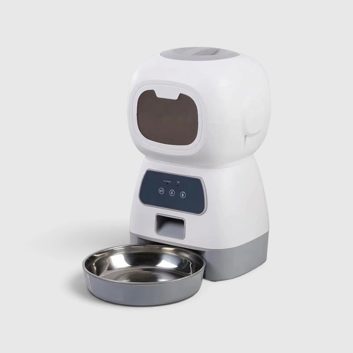 Distributeur de croquettes connecté chat blanc avec gamelle inox