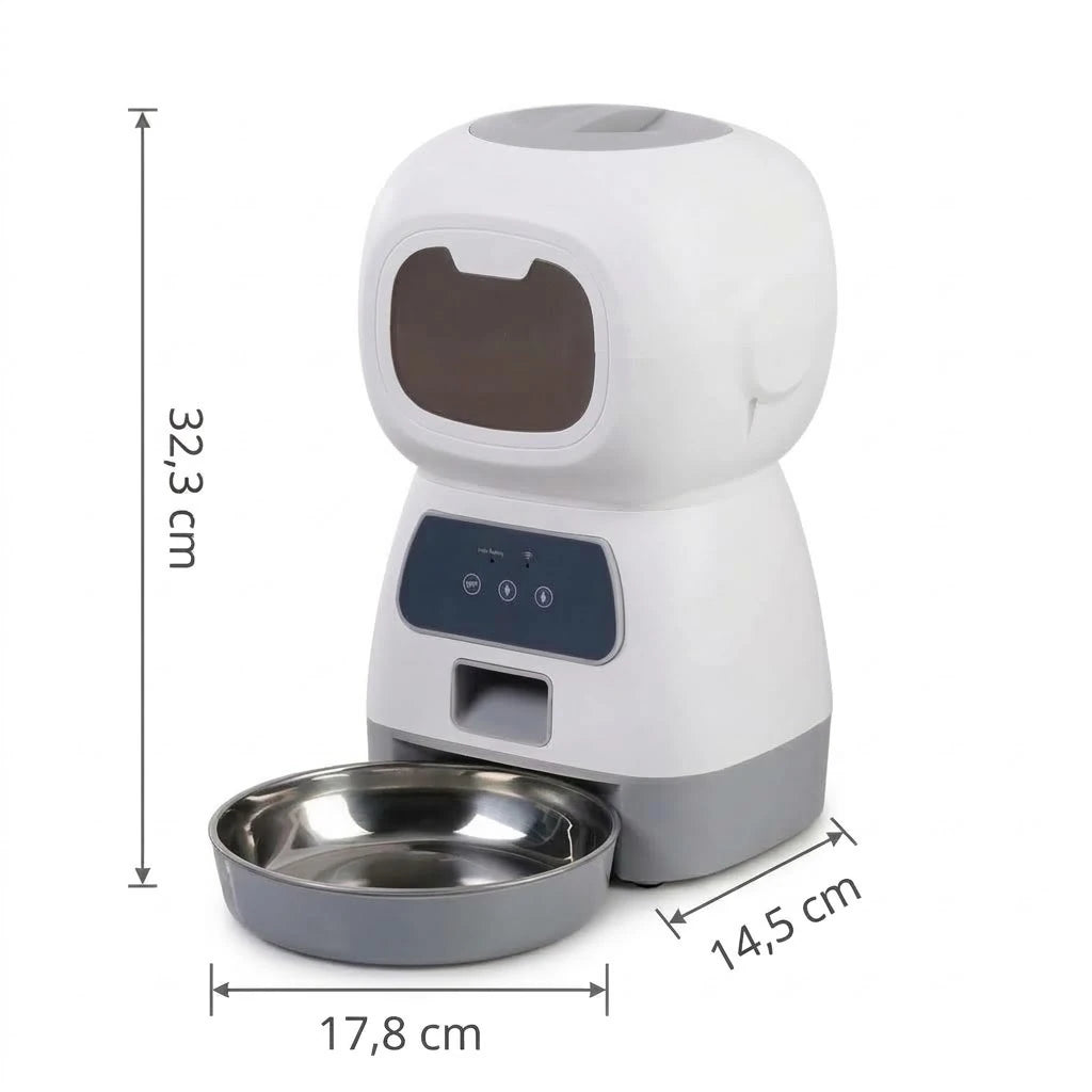 Schéma coté du distributeur de croquettes connecté : 32,3 cm de haut, 17,8 cm de large