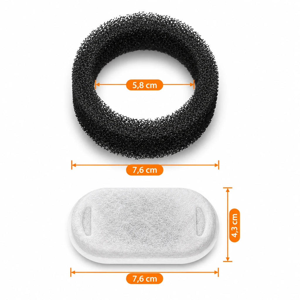 Dimensions du filtre et de la mousse de fontaine chat : 7,6 cm et 4,3 cm