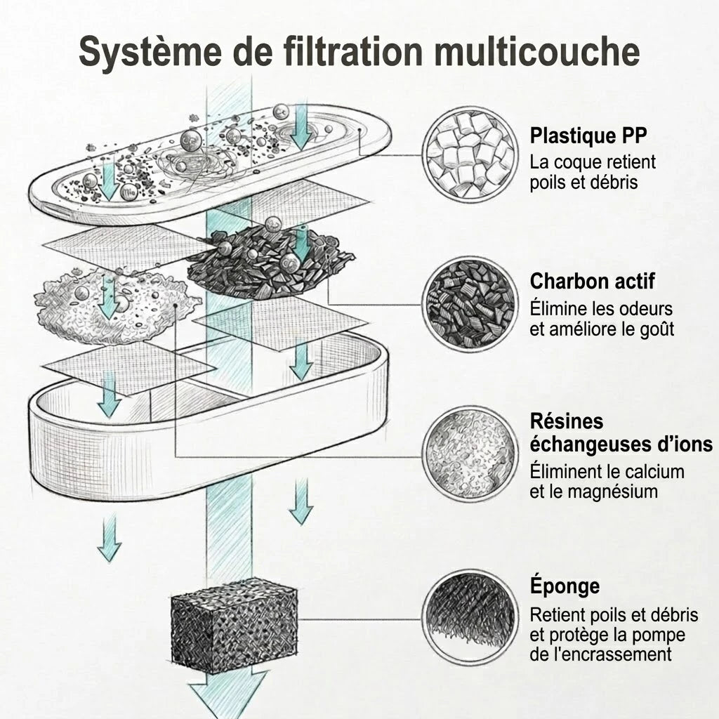 Système de filtration multicouche de la fontaine à eau chat : PP, charbon actif, résines, éponge
