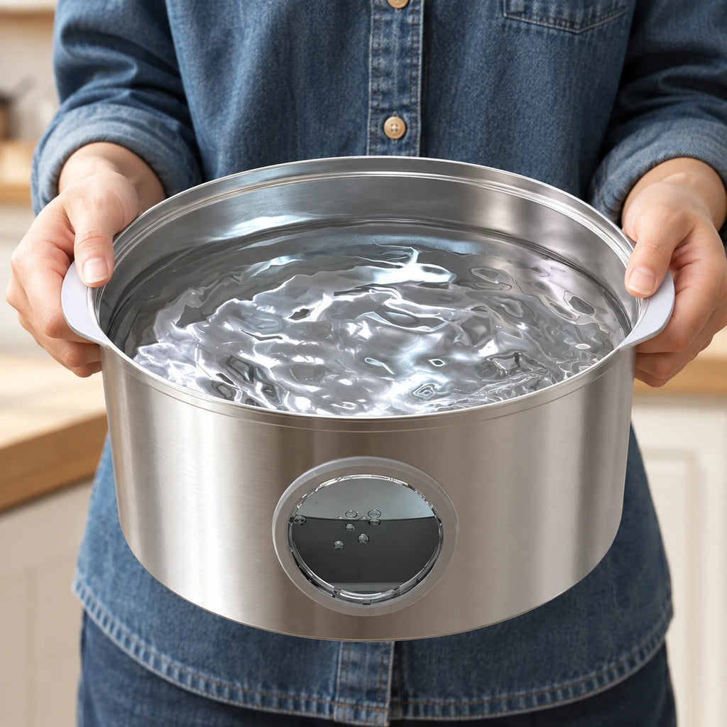Personne portant le distributeur d'eau chat de 7 L pour montrer sa taille