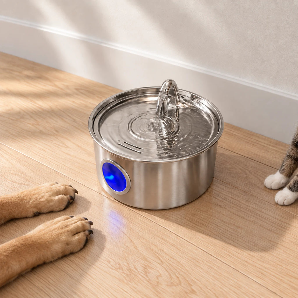 Distributeur d'eau chat en inox près de pattes de chien et de chat