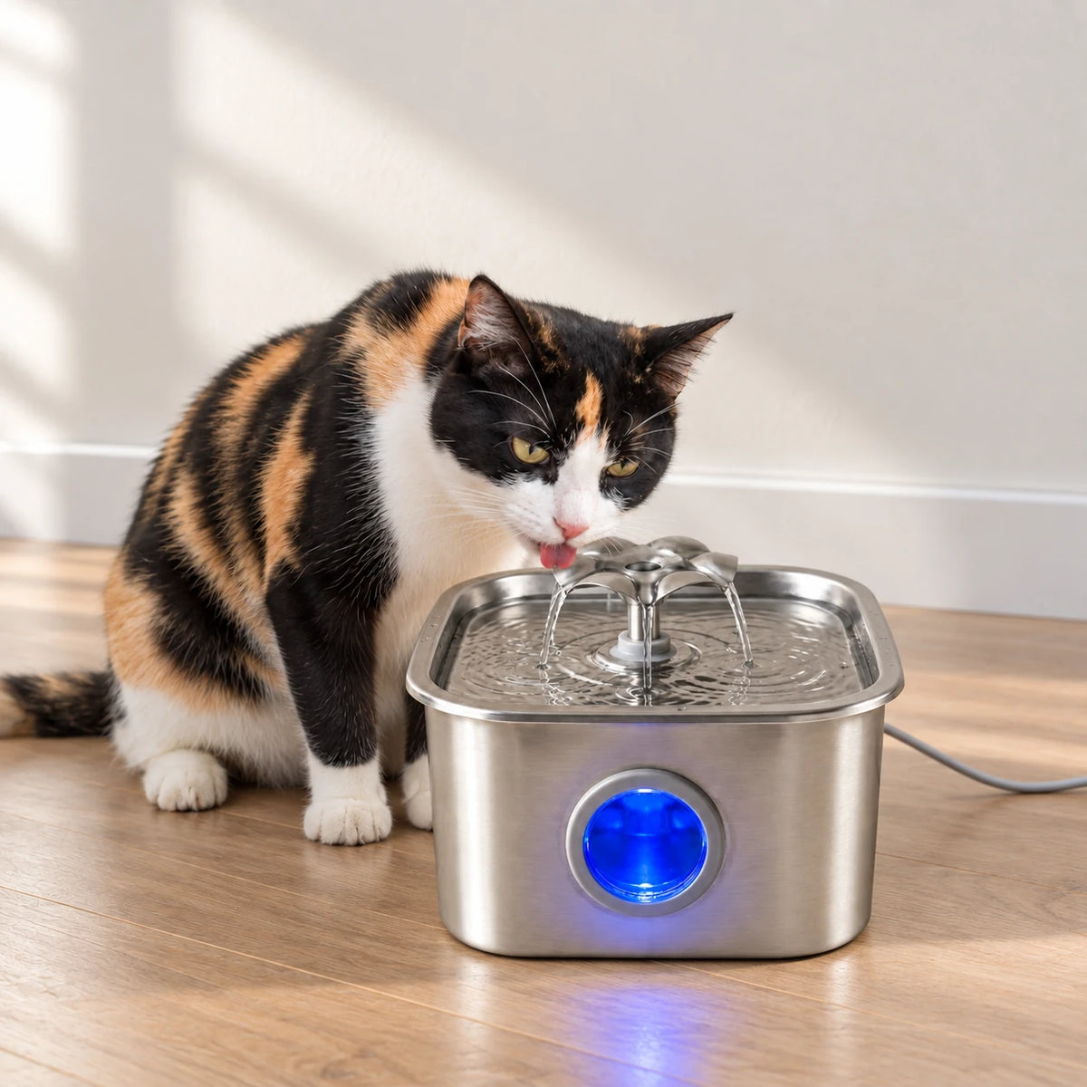 Chat buvant à la fontaine à eau chat fleur, hublot de niveau bleu