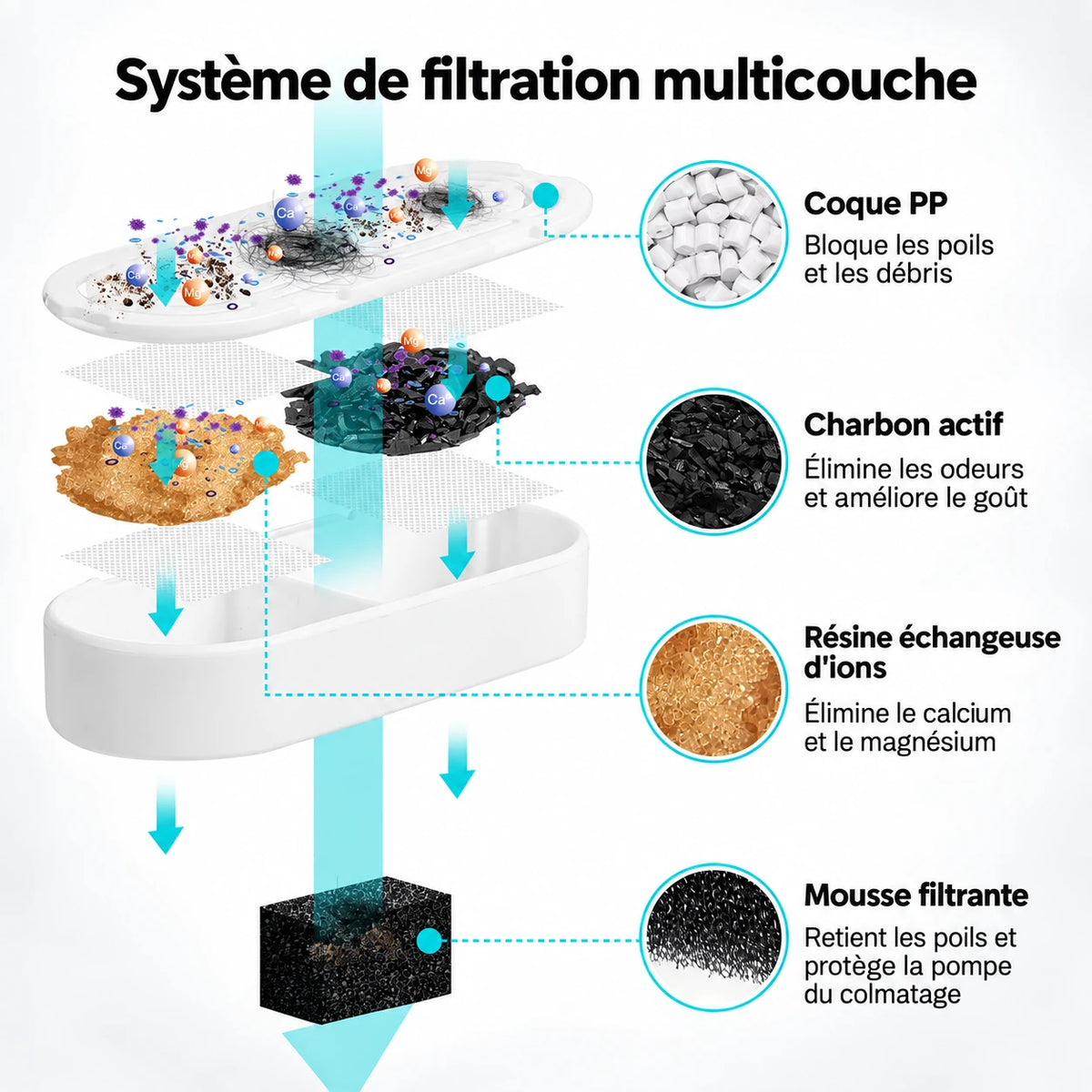 Filtration multicouche de la fontaine à eau chat fleur : coque PP, charbon, résine, mousse
