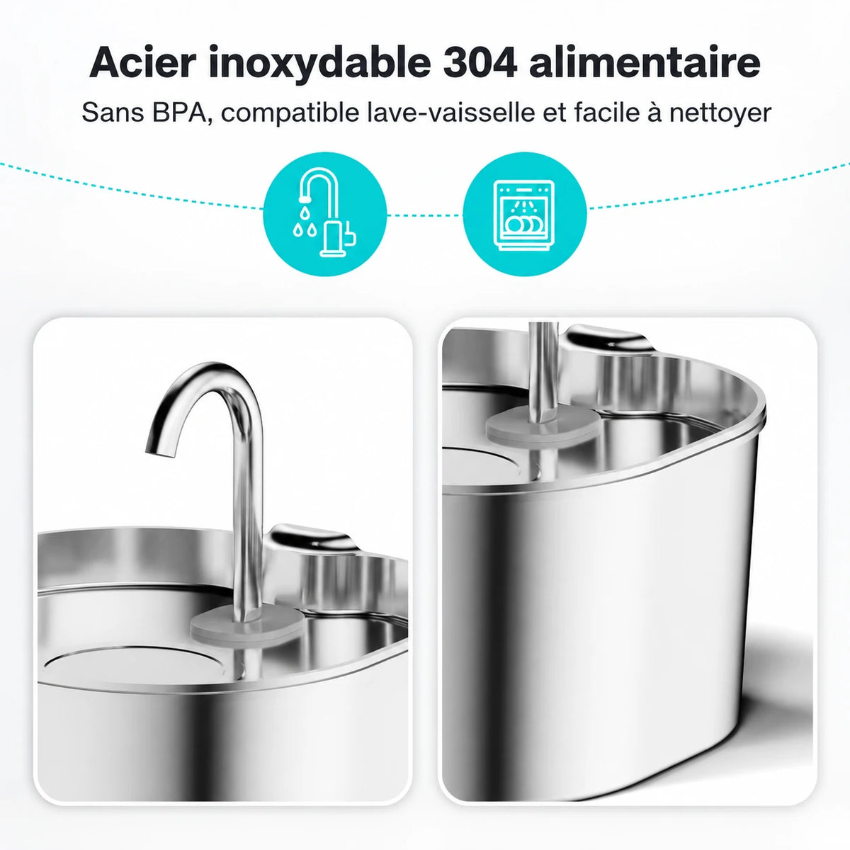 Acier inoxydable 304 de qualité alimentaire de l'abreuvoir chat