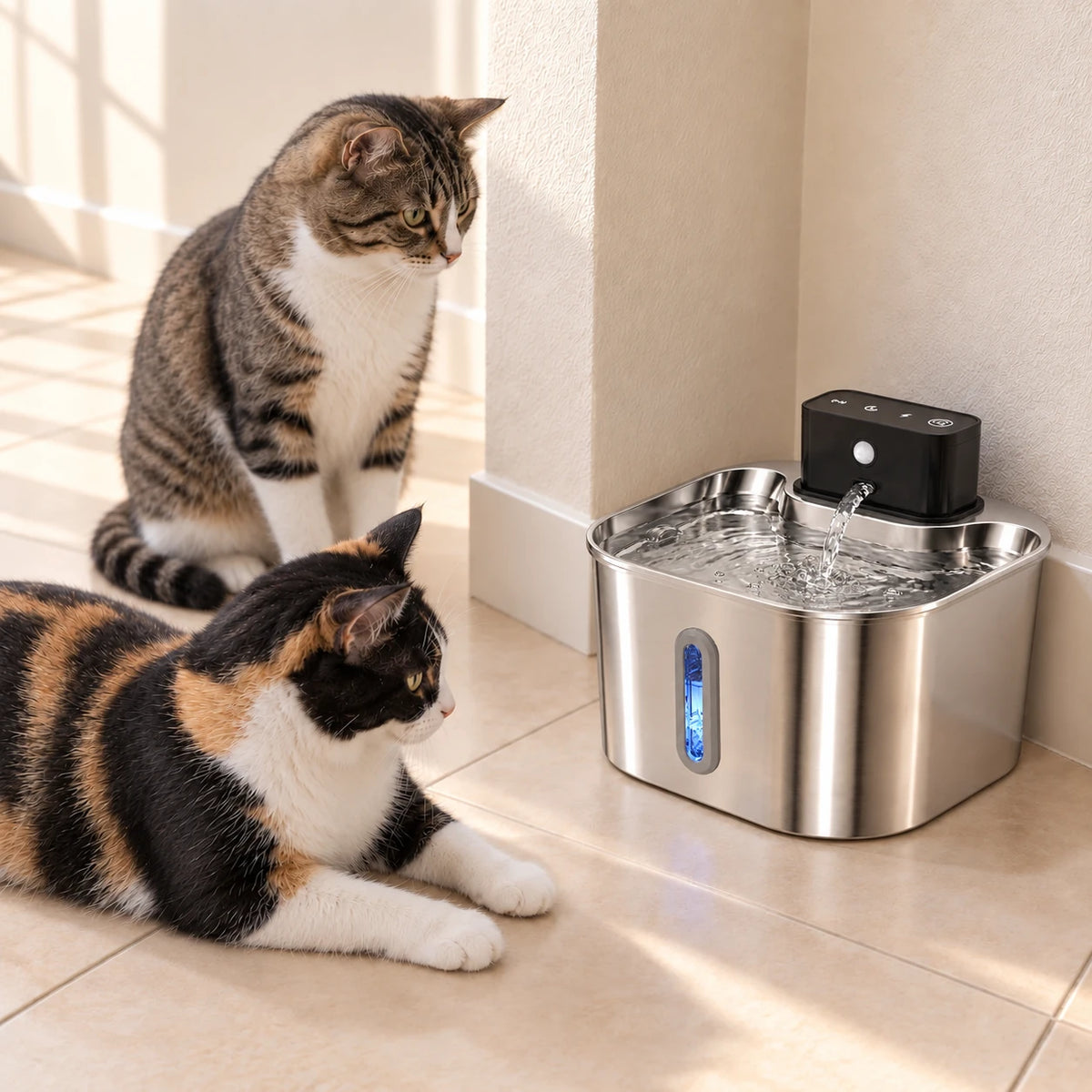 Deux chats près de la fontaine à eau chat rechargeable