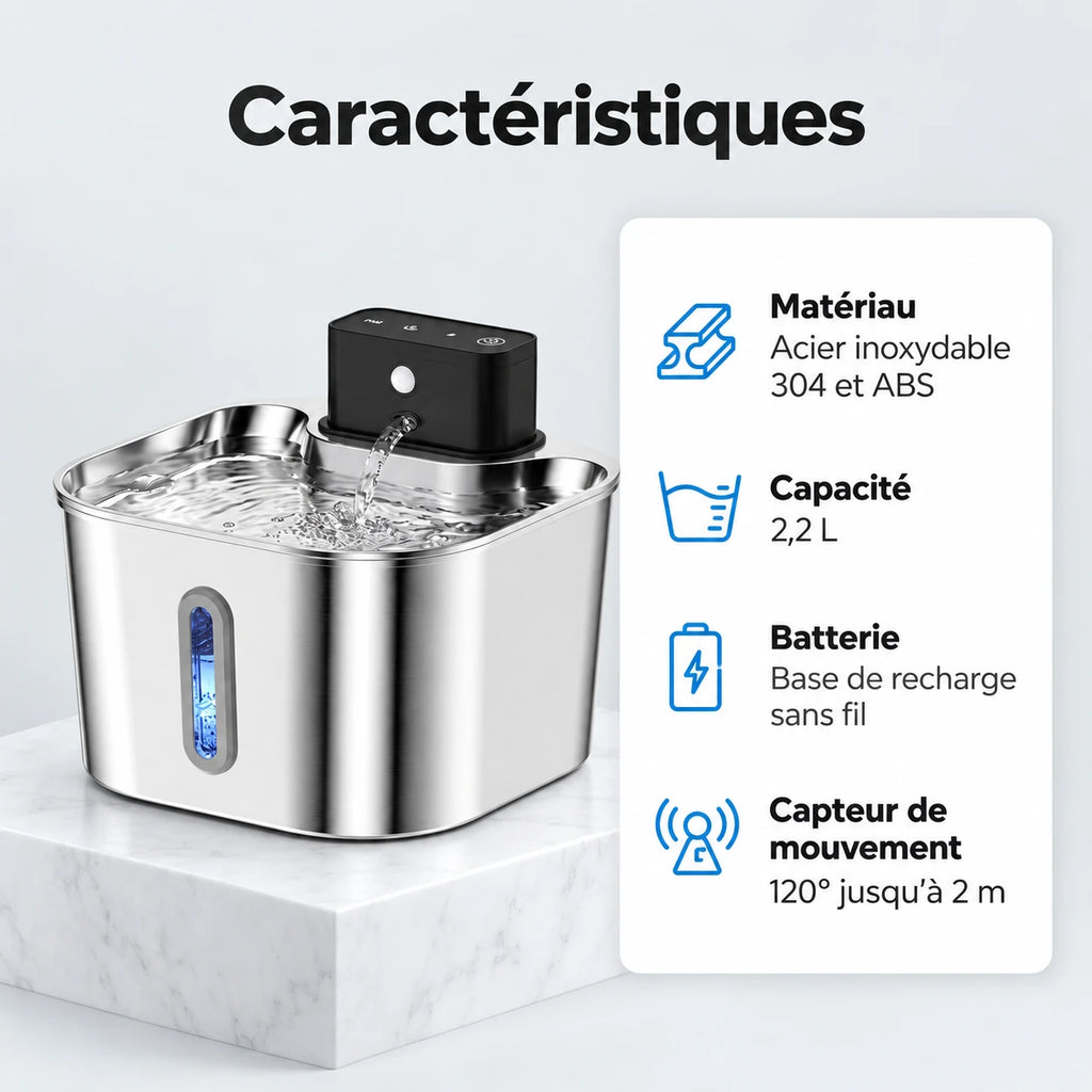 Caractéristiques de la fontaine à eau chat rechargeable : inox 304 et ABS, 2,2 L, base de recharge